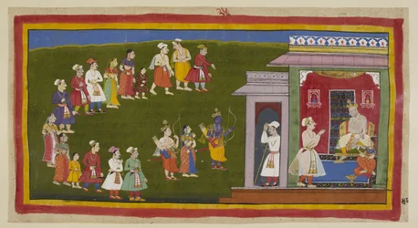 Rama and Laksmana, dressed as before but armed with sword, bow and arrows, accompanied by Sita, have walked humbly through the streets thronged with grieving people to their father