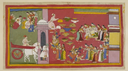On the right, seeing his sons and Sita clad in robes of bark, Dasaratha loses consciousness and falls from the throne