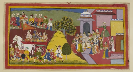 Rama, unbearably distressed at the sight of his aged parents running desperately after the chariot, has urged on the driver. The chariot passes behind a hill, still surrounded by the townspeople, while Dasaratha, who has run after it, collapses.
