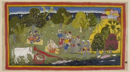 The companions have reached the river Ganga at Srngaverapura. Rama and Sita are seated on a mat of straw under a tree, meant to be an Ingudi tree, while Laksmana and Sumantra are similarly seated facing them