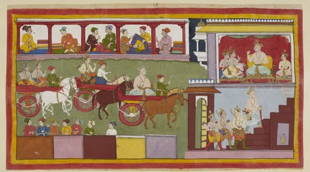Three chariots convey the king, his son and the two young princes through a bazaar. The fronts of the far shops are visible with merchants selling cloth, and the backs of the ones below. In his palace on the right, the elderly king, usi