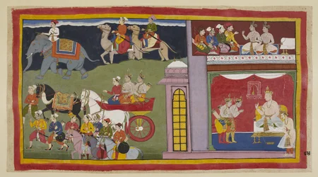 The messengers, in an upper chamber, tell the princes to return to Ayodhya. Below in the throne-room, dressed for the journey, the princes say their farewells to King Kaikeyi and his son Yudhajit