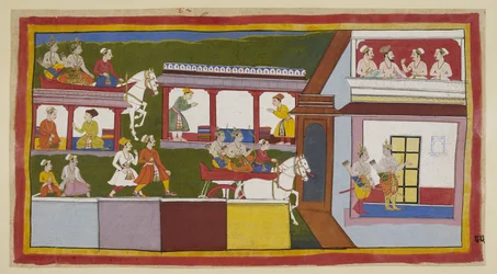 The princes in their chariot drive through the main street at Ayodhya, wondering at the change in the city since they left it, and then enter the palace, with questioning gestures. In an upper room, a Brahmin and three ministers converse.