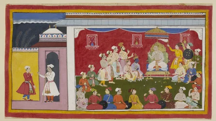 Dasaratha is seated on his throne in full durbar, with Rama and Laksmana kneeling beside him, while the messenger sent by Bharata from his grandfather