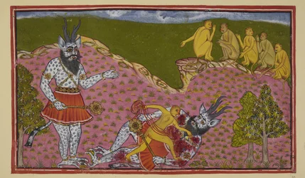 The monkeys who went south, including Hanuman and Angada, come across a huge asura (demon), blue and scaly, with horns and a mace