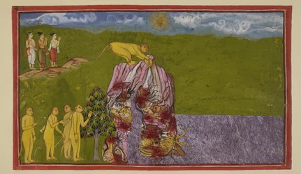 On the shores of the great ocean, the monkeys were dismayed as to how they could cross it to reach Lanka. Angada asked them all how far they could leap, but none was confident of leaping this far, until Jambavan urged Hanuman