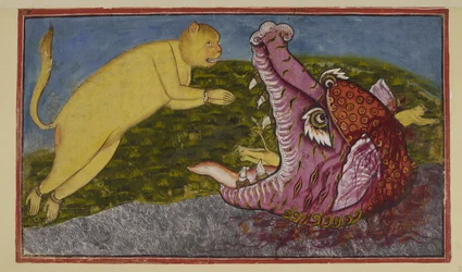 The mother-of-serpents Surasa, who dwells at the bottom of the ocean, being pressed by the gods to test Hanuman, has turned herself into a great sea monster with mighty jaws, red, purple and fanged