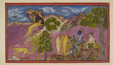 Sugriva tells Rama that he has seen Sita being carried aloft in a chariot by Ravana, struggling and calling out the names of Rama and Laksmana. On seeing him below, she let fall her jewels and an upper garment. Sugriva runs to a cave in