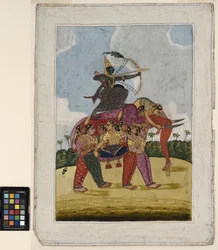 An elephant, composite, made up of dancing women serves as a mount to an archer, c.1825