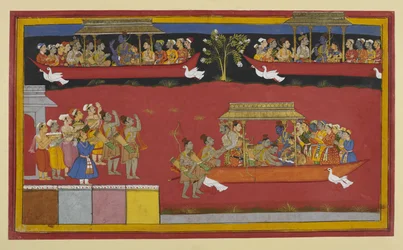 Bharata and Shatrughna greet Rama and Sita as the Pushpaka departs