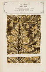 Cotton sample with chetee (chintz) print from Arcot in Madras, from The Collection of the Textile Manufacturers of India, by John Forbes Watson, published in 1866