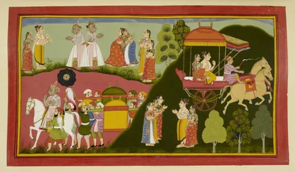 Dasaratha and his queens return to Ayodhya, leaving Rishyasringa and Shanta behind