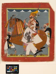 Equestrian Raja Bhim Singh with hookah and servants