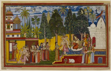 From a Shingshapa tree, Hanuman observes Sita surrounded by female titans as Ravana arrives, begging her to marry him