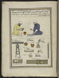 Gold-beaters making gold leaf, 86 drawings bound into a volume depicting trades and occupations in Kashmir, Craftsmen are shown at work with their implements and equipment, By a Kashmir artist, probably at Srinagar
