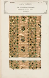 Gold and beetle wing embroidery sample from Madras, from 