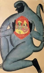Hanuman revealing Rama and Sita enshrined in his heart, painted by a member of the Patua caste, 1880