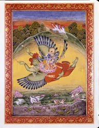 Hinduism: representation of the bird Garuda carrying Vishnu, a great Hindu deity, and his wife Lakhmi