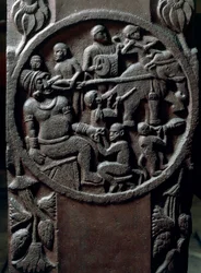 Indian art, Hinduism: low relief representing monkeys tearing a tooth from a giant using elephants. 2nd century BC. Kolkata, Indian Museum