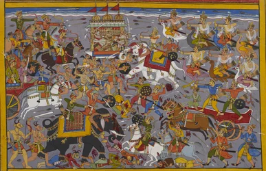 Indra battles Ravana, who rides the Pushpaka chariot, from his elephant Airavata