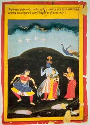 Krishna and Radha in the rain with two musicians, Rajasthan