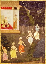 Krishna playing the flute followed by four dancers, Rajasthan