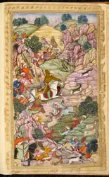 The Emperor Babur Hunting, between Ali Shang and Alangar, in the Kabul region (Afghanistan). Miniature from the Persian manuscript Vaqi at i Baburi, memoirs of the Mughal Emperor Babur (Zahir ud din Muhammad) (1483-1530), India, circa 1590. The British Lib