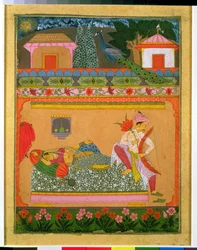 Lovers at Daybreak, illustration of the musical mode Raga Vibhasa, Northern Deccan or Southern Rajasthan, c.1675