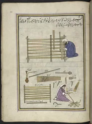Mat-maker and his wife making mats of split reeds, 86 drawings bound into a volume depicting trades and occupations in Kashmir, Craftsmen are shown at work with their implements and equipment, By a Kashmir artist, probably at Srinagar