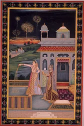 Miniature painting of lady celebrating Diwali Festival, India