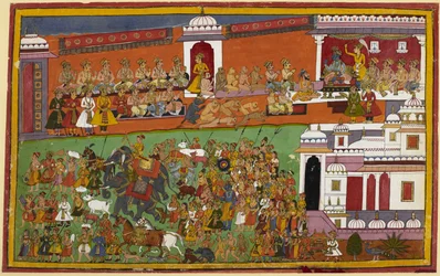 Monkeys, bears, and others gather as Rama departs, with attendants carrying the sacrificial fire