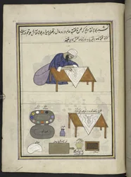 Pattern-drawer (naqqash) preparing a design for a shawl, 86 drawings bound into a volume depicting trades and occupations in Kashmir, Craftsmen are shown at work with their implements and equipment