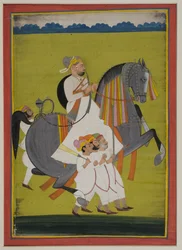 Portrait of Thakur Surtan Singh of Nimbaj, on Horseback with Attendants on Foot