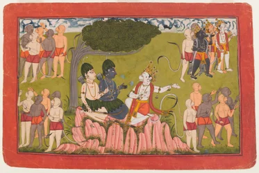 Rama and Lakshmana confer with Sugriva about the search for Sita, folio from a dispersed Ramayana series