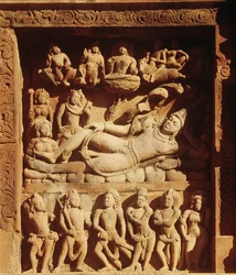 Relief depicting Vishnu reclining on the serpent, Sesha, from the Temple of Vishnu