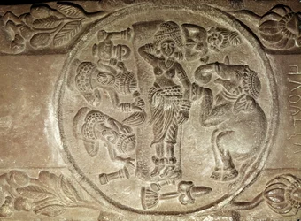 Relief depicting the dream of Maya, from a Buddhist stupa from Bharhut, Madhya Pradesh, Late Mauryan Period, Sunga Dynasty