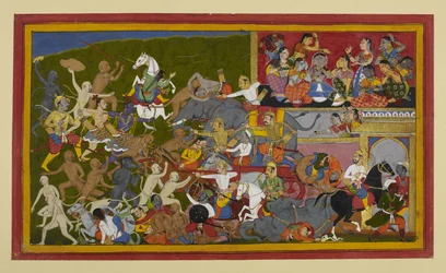 Rama and Lakshmana slay demons as female titans mourn, recalling a prophecy