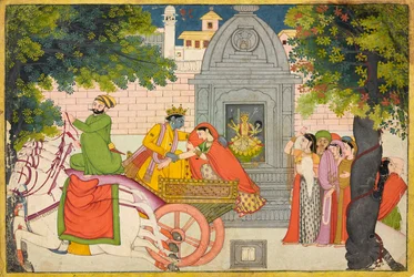 Rukmini Elopes with Krishna, Folio from a Bhagavata Purana, c.1780