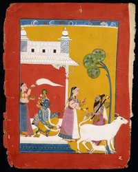 Rukmini offering water to the sage Narada while her consort Krishna sits in her house