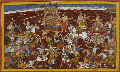 Ravana battles Mandhata but sages reconcile them