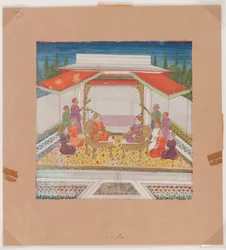 Seated figures and attendants before a fountain