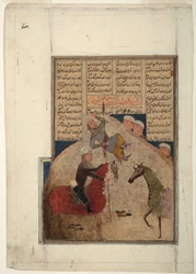 Two horsemen, one impaled on a spear