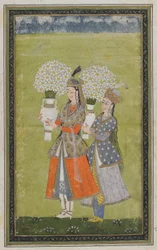Two ladies carry flowers, detached album folio with painting