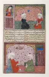 Two men in a room with decorated walls
