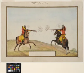 Two mounted soldiers exchanging rifle fire, c.1830