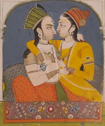 Two queens sharing a drink, from Lovers embrace in an alcove