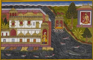 Vaisravana crosses the ocean to Lanka as Visravas sits in his hut