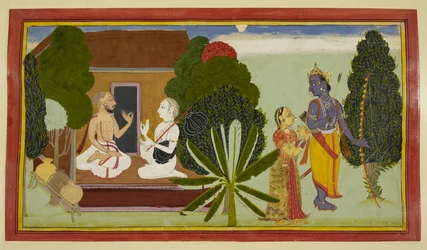 Valmiki and Narada converse left, with Rama and Sita on the right