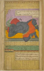 Kumbhakarna, tricked by the gods into asking Brahma for the boon of interminable sleep, slumbers in the magnificent dwelling prepared for him at Ravana