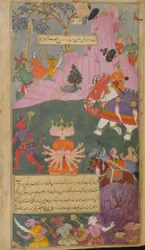 The raksasa army flees at the sight of Ravana taken captive by Indra